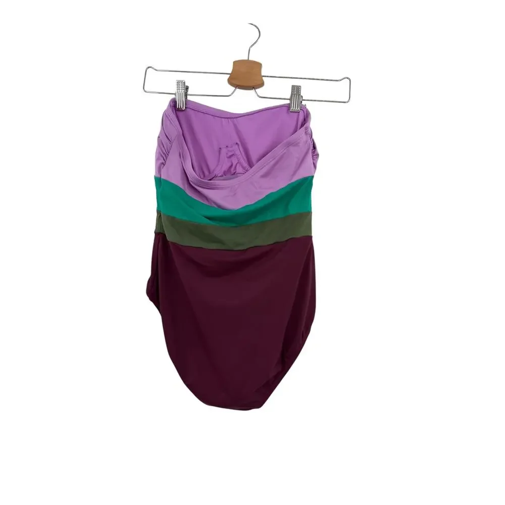 Kate Spade Raisin Colorblock Bandeau One Piece Swimsuit Purple Green Small